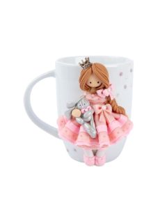 Cana alba pentru copii cu printesa roz si iepuras - decor fimo, 360 ml, cod CFI03