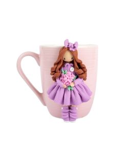 Cana roz pentru copii cu fetita in rochie mov - decor fimo, 360 ml, cod CFI07
