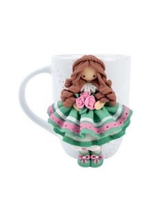 Cana alba pentru copii cu fetita decorata in fimo - rochie verde si roz, 360 ml, cod CFI08