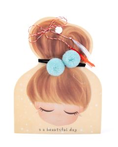 Martisor elastic de par cu pompoane pufoase - albastru deschis, cod M8M54